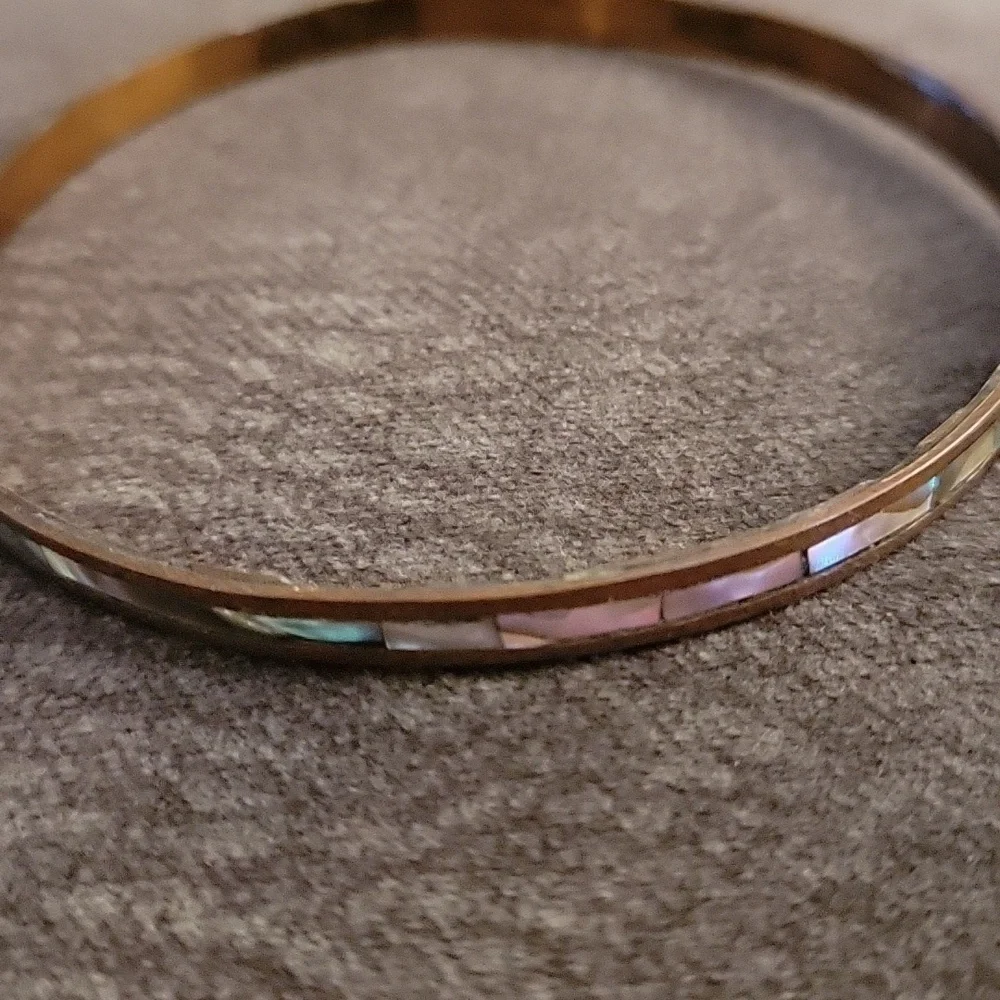 Vtg Minimalist Thin Mexican Copper Shell Inlay Bangle Bracelet